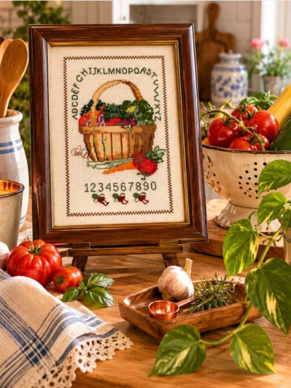Vintage Framed Cross Stitch Grandma Cottage Decor Sampler Veggie Basket
